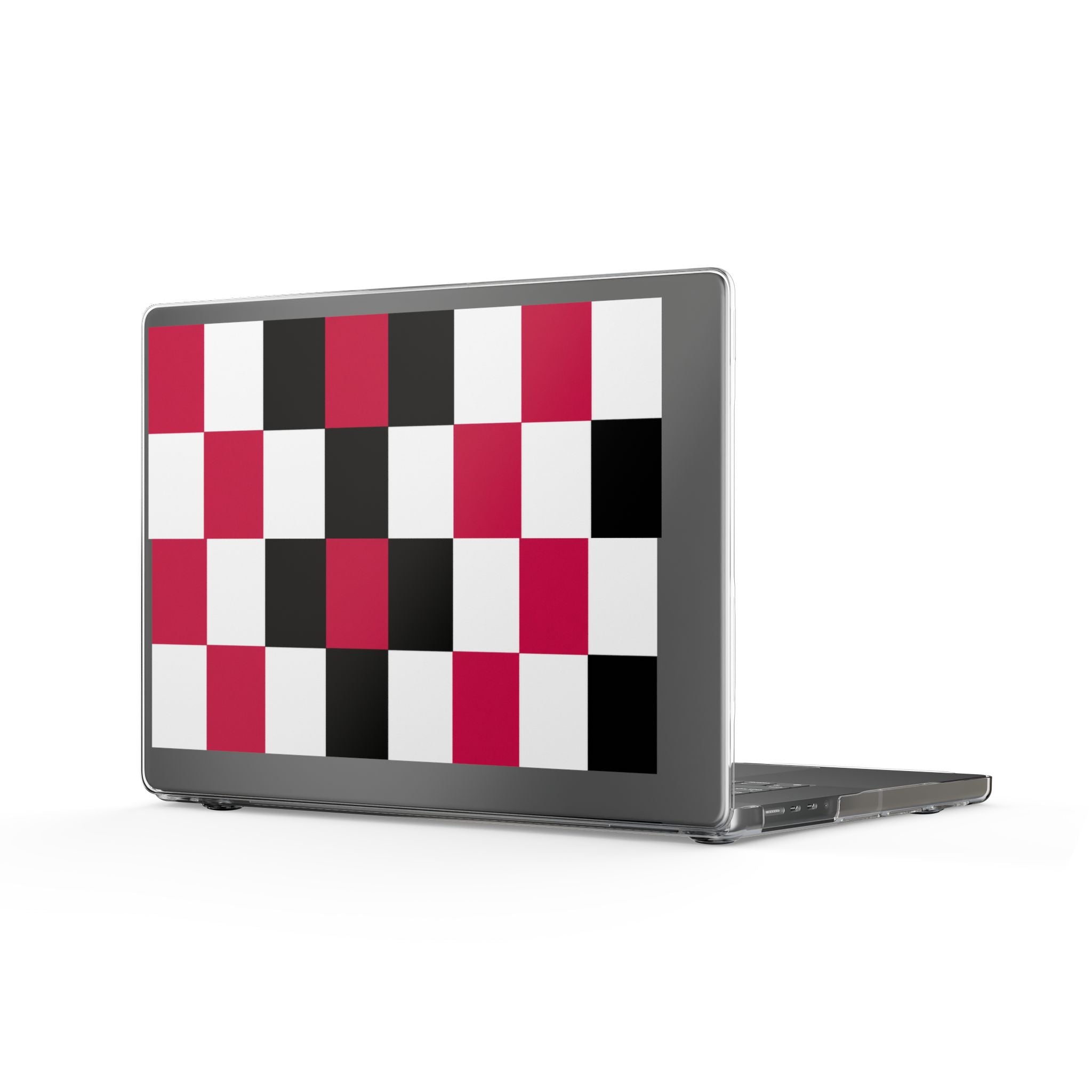 Checkerboard Clear MacBook Case — Red, Black & White Geometric Protective Cover