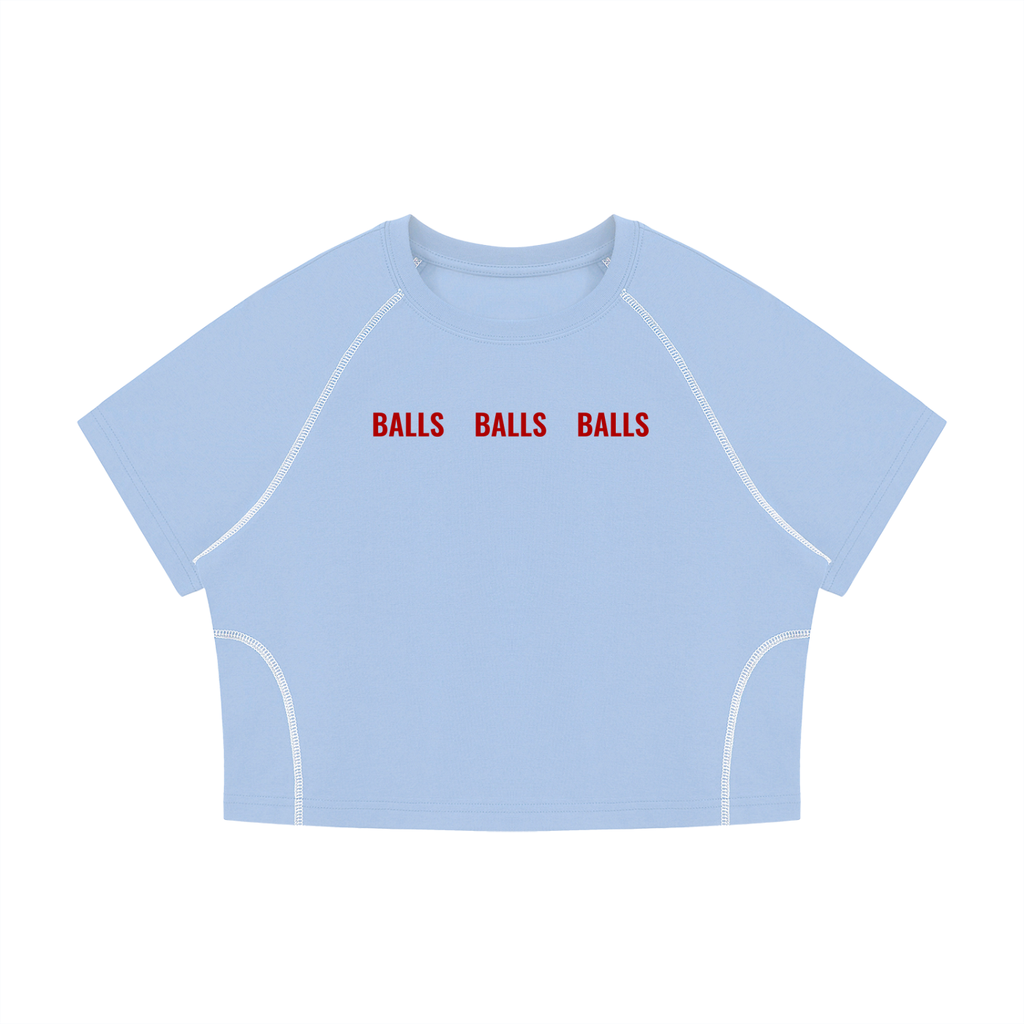 BALLS  BALLS  BALLS,  Men and their Balls - Conversation starter on game day - Women's Contrast Stitch Raglan Crop T-Shirt